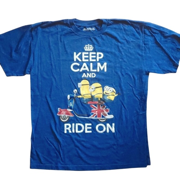 Minions‎ Unisex Keep Calm Ride On Blue Short Sleeve Shirt Size Large - Picture 1 of 6